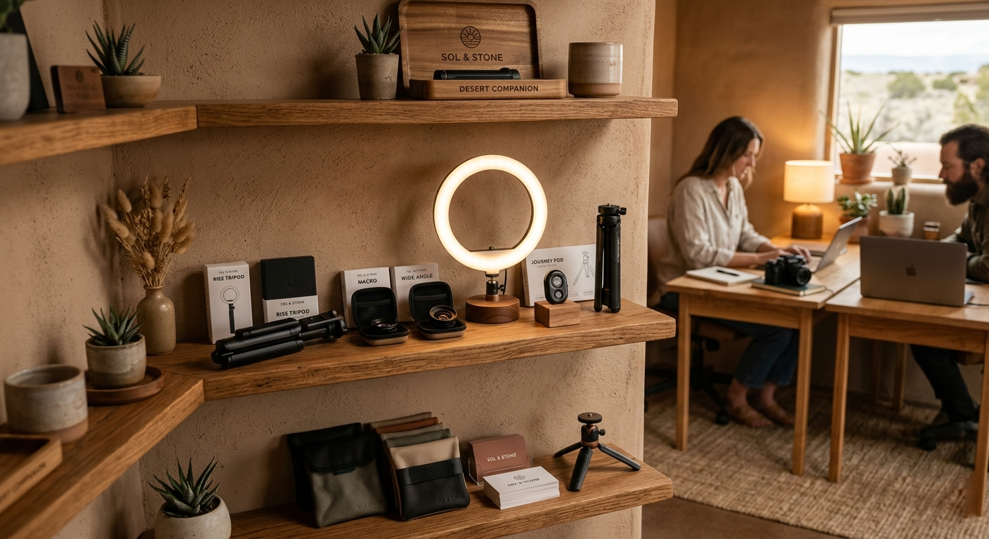 Inside the Albuquerque studio — ring lights and accessories on the shelf